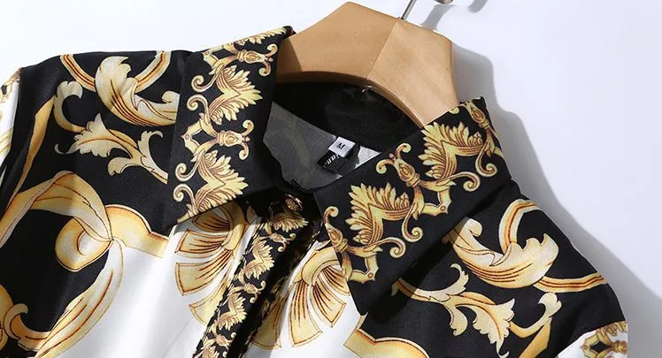 Dropshipping Spring Summer Fall Runway Vintage Baroque Print Collar Long Sleeve Roun Luxury A-Line Women Ladies Casual Dress New Arrival Wholesale