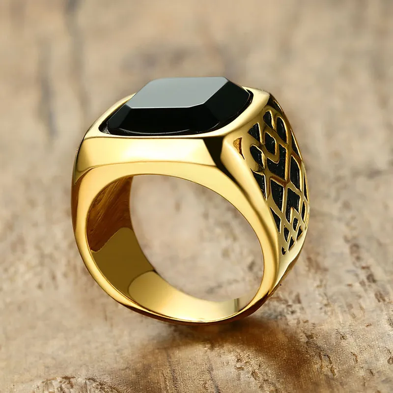 Мужское квадратное кольцо-печатка с черным сердоликом из полудрагоценного камня золотого тона из нержавеющей стали для мужских ювелирных изделий Anillos Accessories255Q