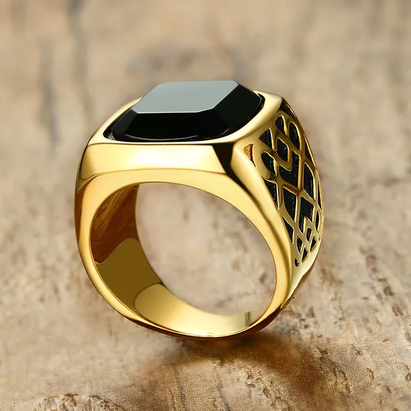 Bague chevalière carrée en pierre semi-précieuse cornaline noire pour hommes, en acier inoxydable doré, bijoux masculins, accessoires Anillos 276k