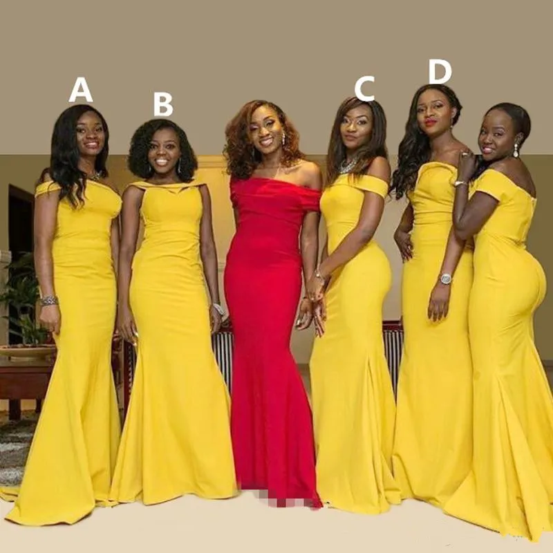 Nigerian African Yellow Mermaid Bridesmaid Dresses Off Shoulder Pleats Floor Length Maid of Honor Gowns Wedding Party Gowns Custom