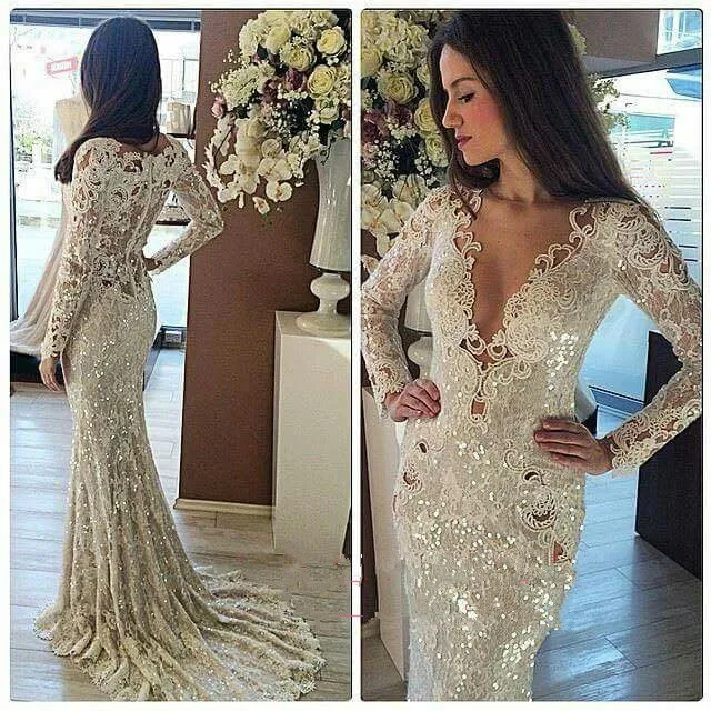 Sparking Long Sleeves Sequins Mermaid Evening Dresses Lace Applique Sweep Train Formal Party Evening Prom Gowns