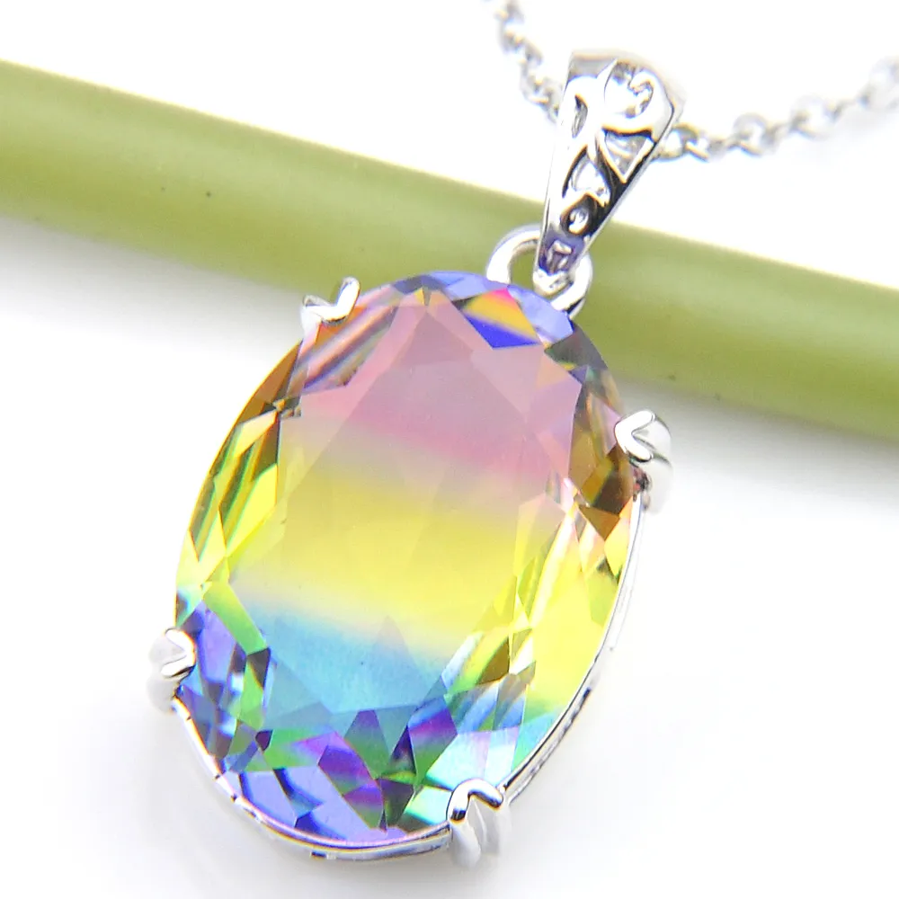 Luckyshine Fashion Gorgeous Florid Mystic Rainbow Tourmaline Gems 925 Sterling Silver Plated Lady Necklace Pendants Jewel260U