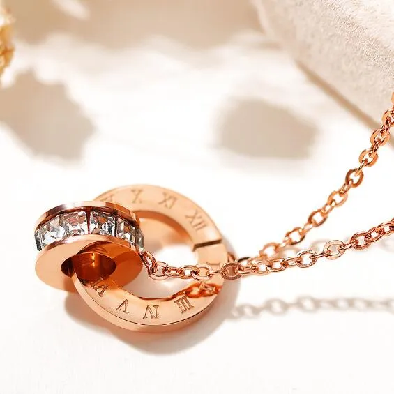 gioielli set di gioielli donna colore oro rosa doppi anelli orecchini collana set in acciaio al titanio fasion287m