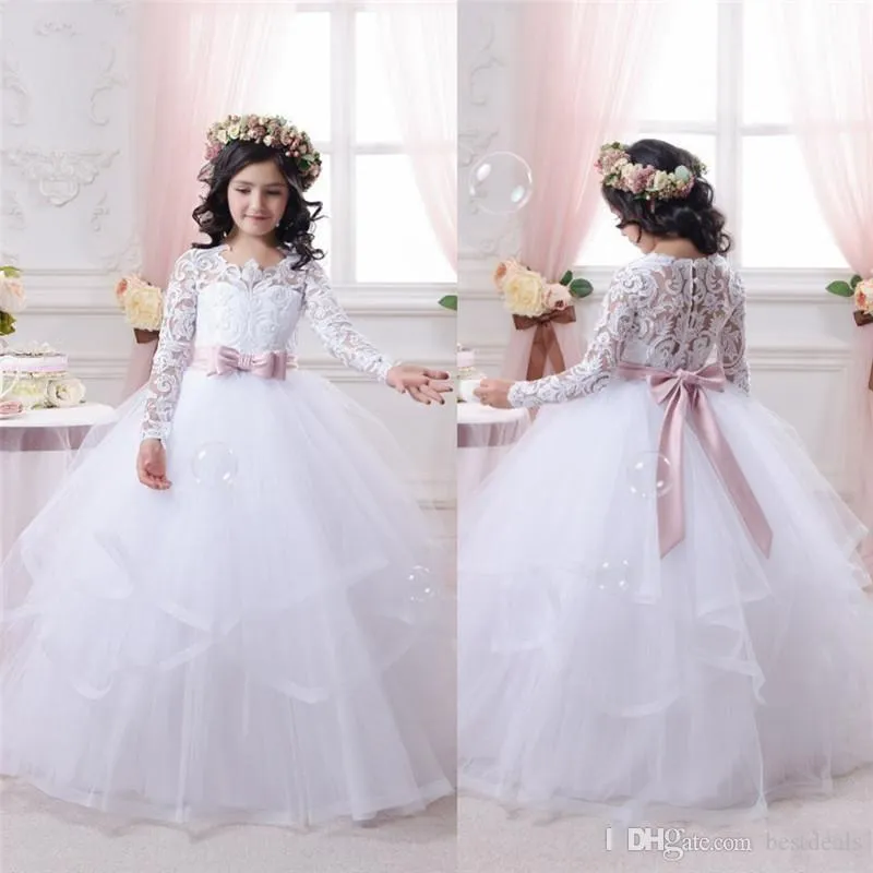 Cheap White Flower Girl Dresses for Weddings Lace Long Sleeve Girls Pageant Dresses First Communion Dress Little Girls Prom Ball Gown