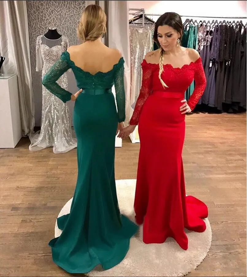 Dark Green Red Long Mermaid Prom Dresses Off Shoulder Long Sleeves Lace Applique Sweep Train Sexy Evening Party Gowns Formal Dress Custom