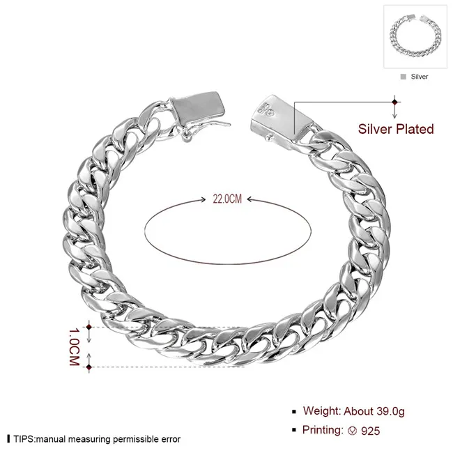 Bracelet latéral de boucle carré de 10 mm - bracelet masculin en argent sterling; Médinage Gift Fashion Hommes et femmes 925 Silver BR246Y