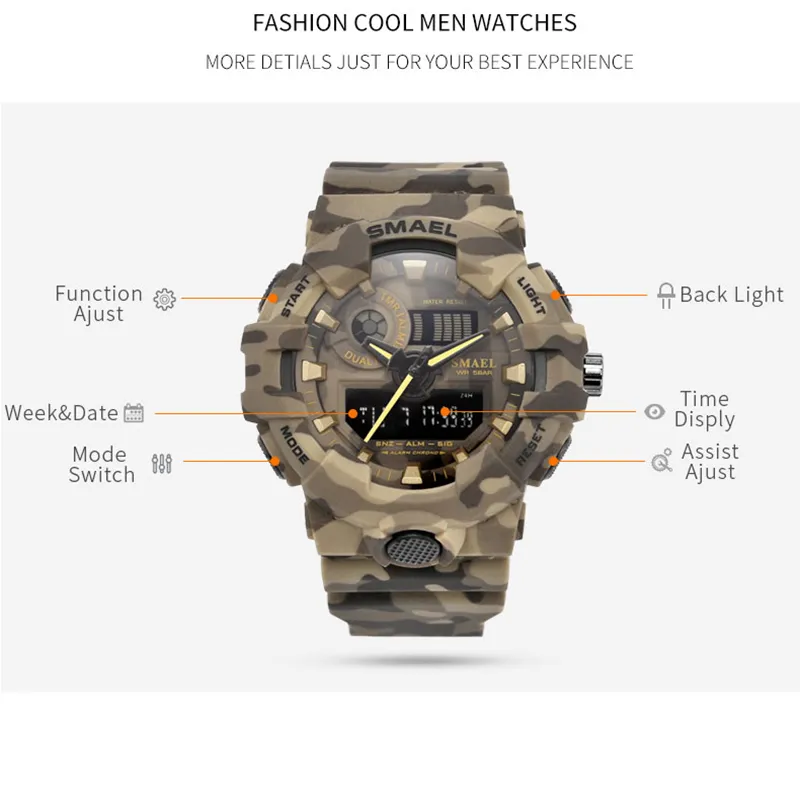 Nuevo reloj de camuflaje SMAEL, reloj deportivo LED de cuarzo para hombre, reloj de pulsera deportivo para hombre 8001, resistente al agua 240o del ejército para hombre