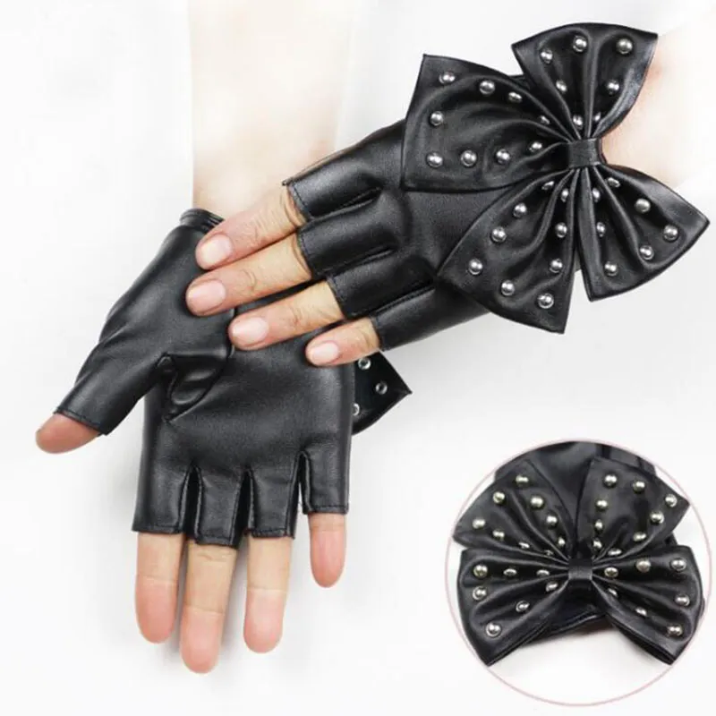 Fashion Female Half Finger Punk Rivet Dance Gloves Women Sport Fitness PU Leather Bow Mittens Luva Tactical Fingerless Glove1884