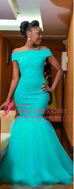 2021 Sydafrika Style Nigerian brudtärklänningar Plus Size Mermaid Maid of Honor -klänningar för bröllop från axel Turkois T333i