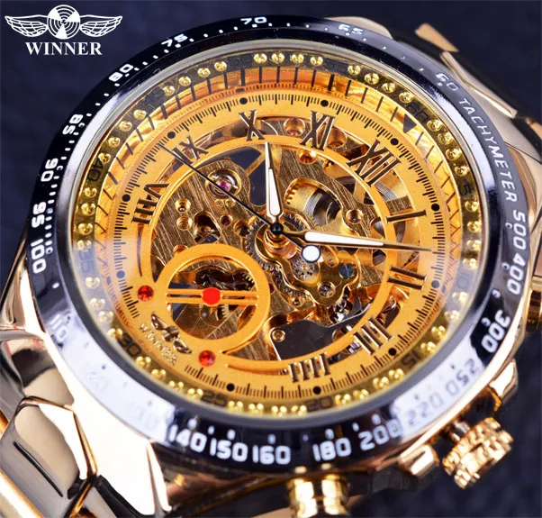Vencedor marca nova moda relógio de ouro à moda aço masculino relógio clássico mecânico auto vento vestido pulso esqueleto gift206q