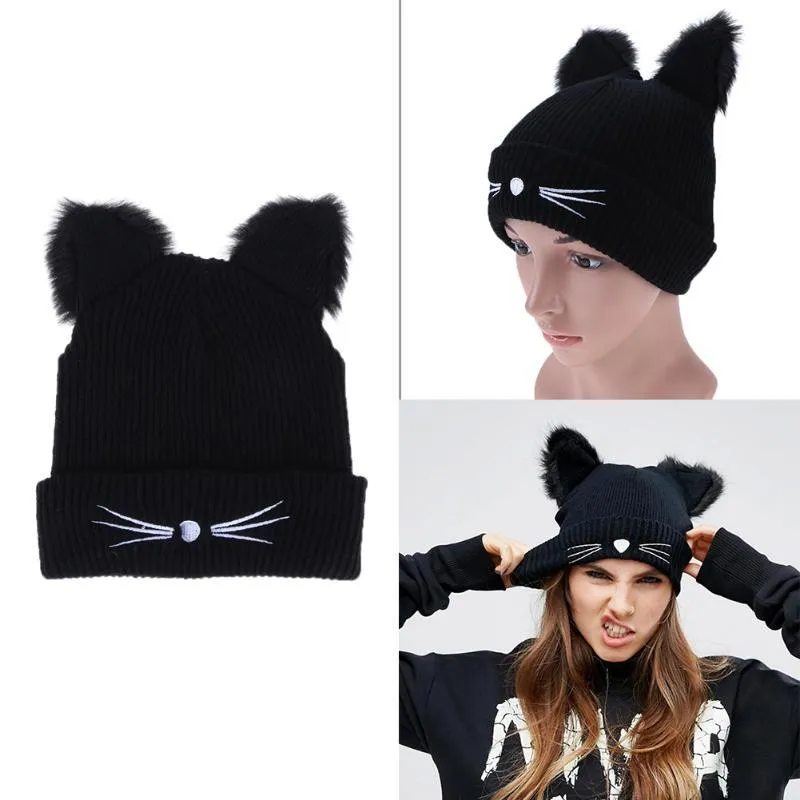 Cappello invernale caldo le donne Cappello carino orecchie di gatto Cappello Skullies Cappelli con pompon Cappello femminile Femme Cappello di lana intrecciato a maglia nera Y19117804