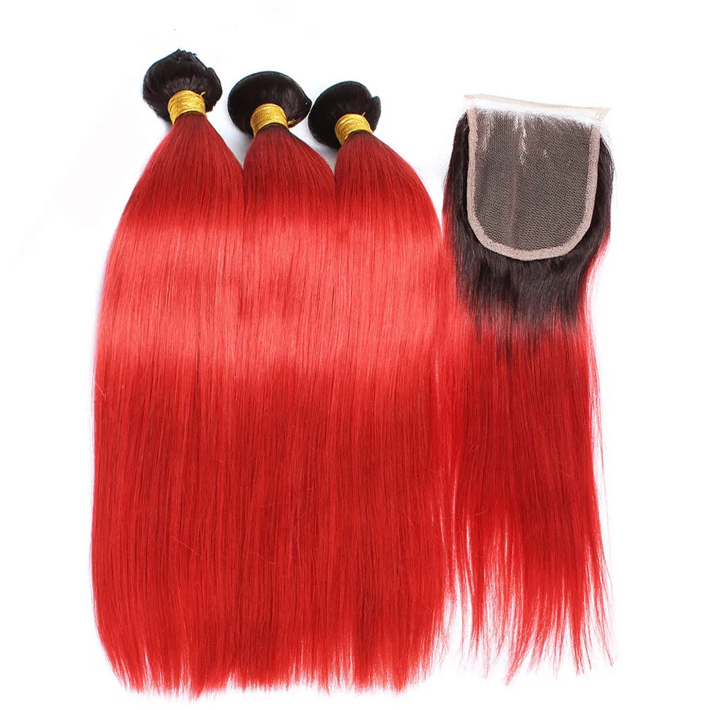 T1B Red Dark Root Ombre Peruvian Human Hair Weaves 3 Bundles with Closure Straight Ombre Red Bundle Deals with Lace Front Closure 4x4