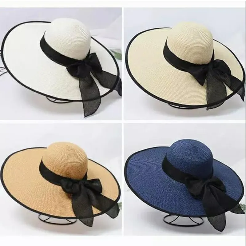 Chapeau de paille décontracté à large bord pour femmes, casquette de soleil avec nœud, chapeaux de plage de vacances, grande visière souple, bon marché