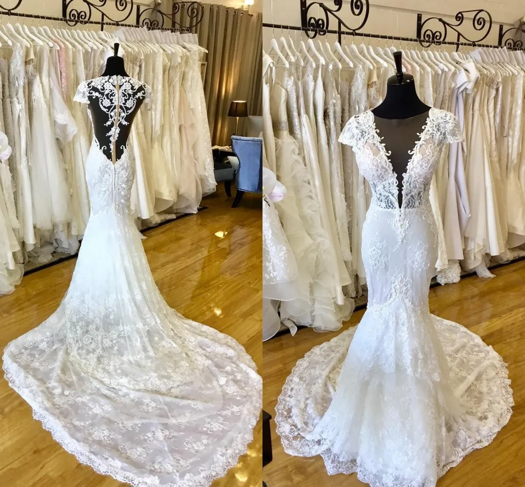Sexy Full Lace Mermaid Wedding Dresses Sheer V Neck Illusion Back Lace Appliqued Court Train Backless Bridal Gowns Wedding Dress