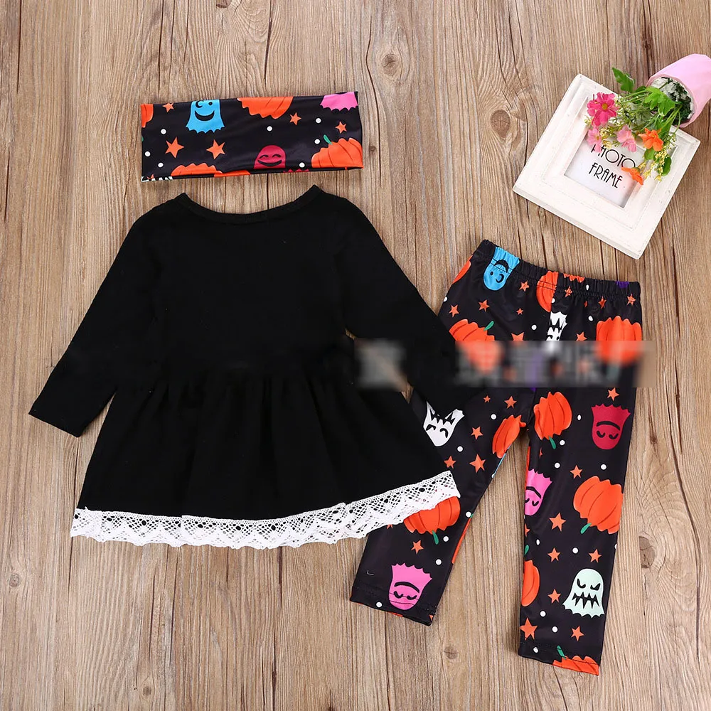 Halloween Baby Pumpkin Roupfits Children Girls Saias de abóbora Top+calça com faixa de cabeça 2018 Fashion Boutique Kids Clothing Conjuntos C4744