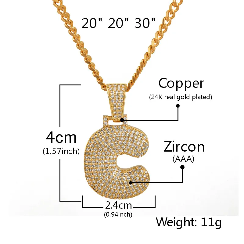 A-Z Anpassad namn Bubble Letters Halsband Pendant Bling Cubic Zircon Hip Hop Jewelry 2 Färger med kubansk kedja S267M