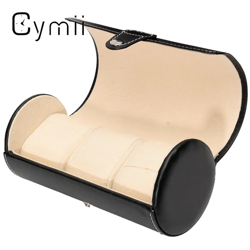 Black 3 Slot Cylindrical Watch Travel Case Leather Roll Jewelry Watch Storage Holder Watchbox Case Collector Organizer 19x9cm163S