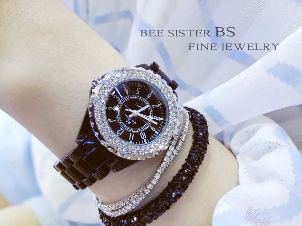 2018 Relojes de diamantes de imitación de verano para mujer Reloj de vestir con piedra de diamante Reloj de pulsera de cerámica blanco y negro Reloj de pulsera para mujer Reloj de cristal C294t