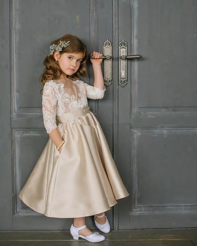 2018 Flower Girls Dresses Sheer Neck Champagne Ankle Length 3/4 Sleeves Illusion Lace Appliques Satin Birthday Party Girls Pageant Gowns