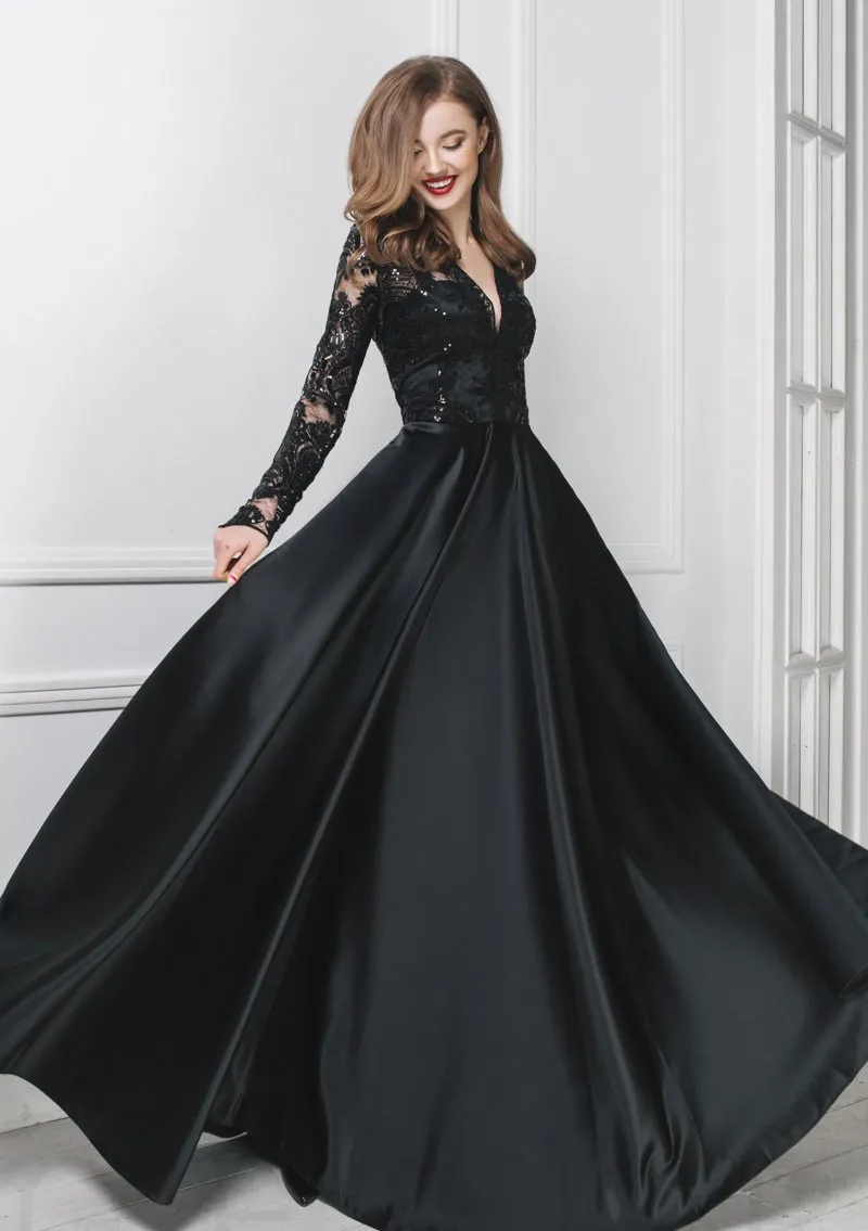 Hot Sale Black Lace Prom -klänningar med långa ärmar V Neck Sequined Evening Gowns Vestidos de Fiesta golvlängd Satin Formell klänning 415