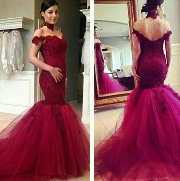 New Burgundy Dark Red Long Mermaid Prom Dresses Off Shoulder Jewel Neck Lace Applique Tiered Formal Evening Dress Party Gowns Custom