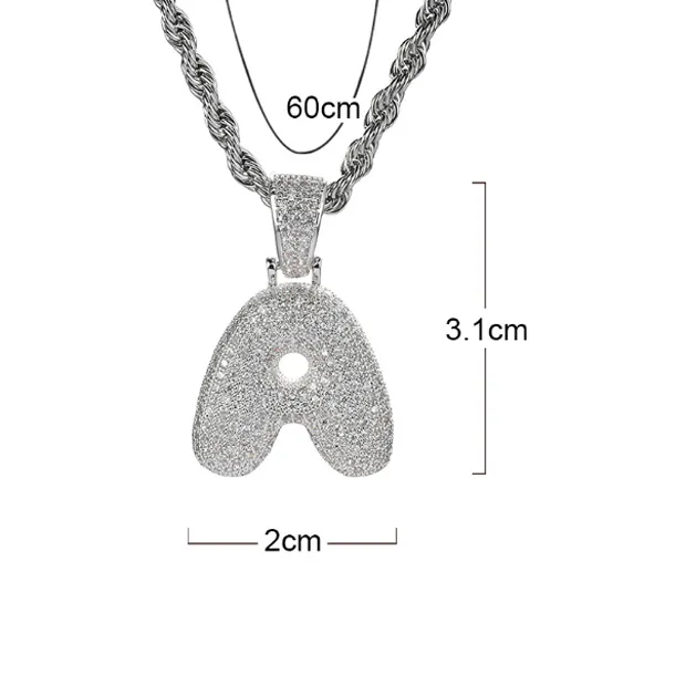 Argent 26 lettres pour choix bulle lettre pendentif collier avec micro pavé cubique zircone hip hop chaîne collier pour hommes unisexe J269u