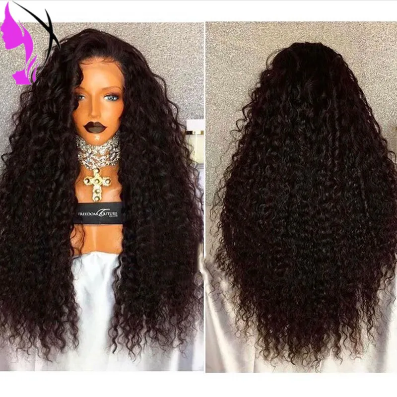 30inches long Glueless High Temperature Fiber Hair Kinky Curly Side Part Synthetic Lace Front Wig For African American