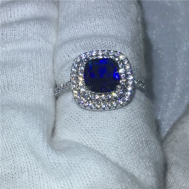 Damenmode Kissenschliff 3ct Blau 5A Zirkon Kristall 925 Sterling Silber Verlobung Ehering für Frauen Bijoux280H