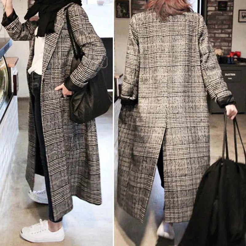 Femmes plaid long manteau à manches longues en laine pardessus lâche outwear femme hiver automne trench manteaux plus la taille C18110601