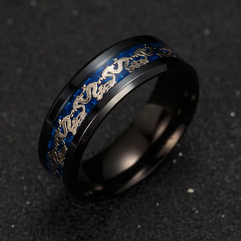 Hela svartblå ring män kinesisk traditionell guld drake inlay med blå rostfritt stål ringar mode smycken329e