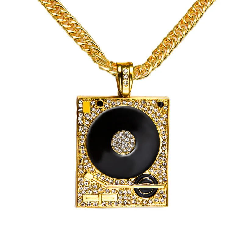 DJ Phonograph Big Pendant Necklace Men Jewelry Hiphop 체인 골드 실버 음악 힙합 록 랩 목걸이 Mens Jewellery347j