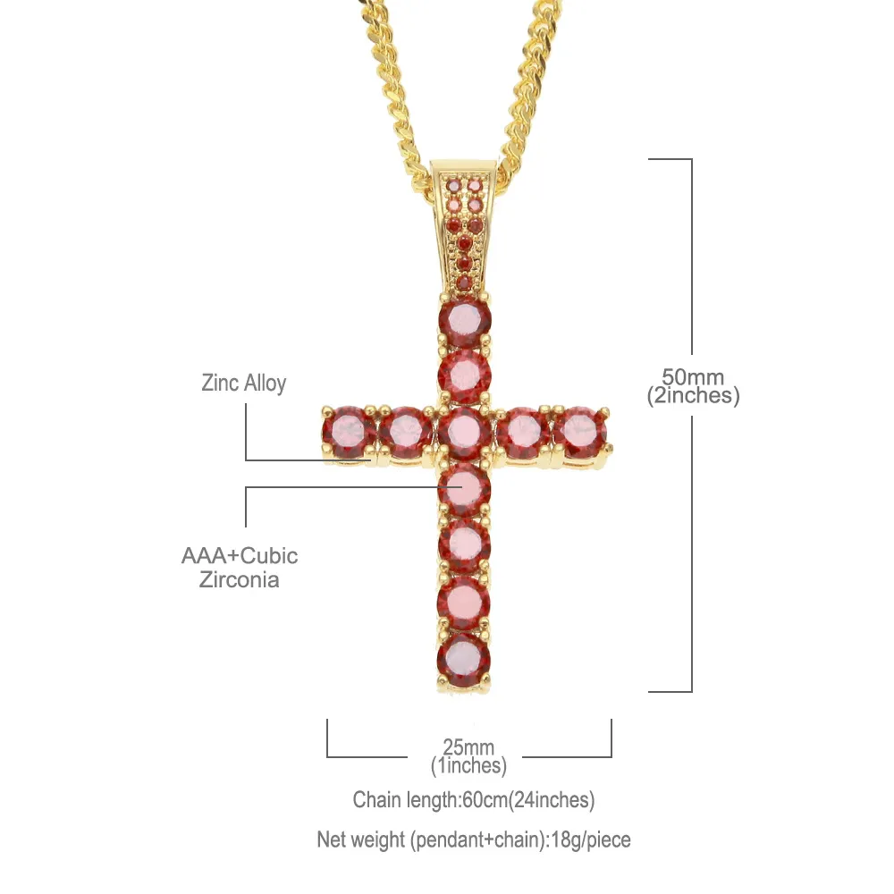 Iced Out Kleurrijke Zirconia CZ Cross Kettingen Hangers Punk Hiphop Mode-sieraden Met Goud Kleur 3mm Cubaanse Chain322C