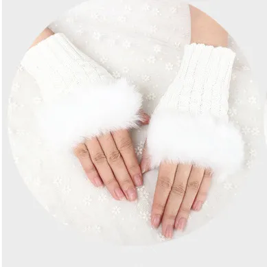 Wool Blend Faux Rabbit Fur Women Fingerless Gloves Knitted Crochet Winter Gloves Warm Mittens Gants Femme For Lady Girls190e