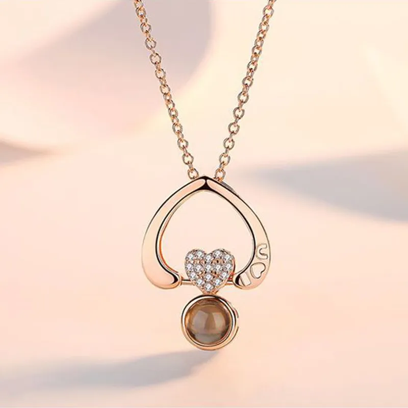 Nytt Rose Gold Silver I Love You 100 Lanugage Necklace Love Memory Projection Heart Necklace Birthday Present Drop 228o