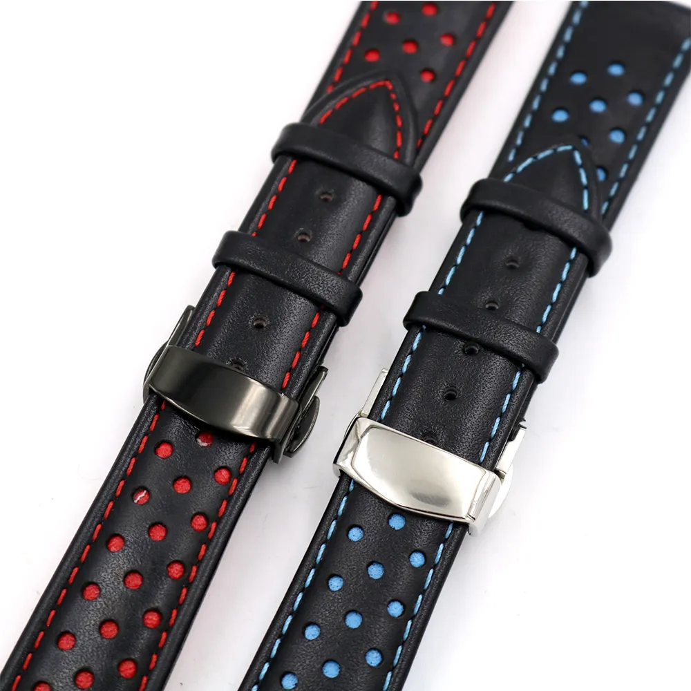 CARLYWET 20 22mm cuir de vachette fait à la main noir rouge bleu remplacement bracelet de montre bracelet Double fermoir poussoir pour étiquette CARRERA251f