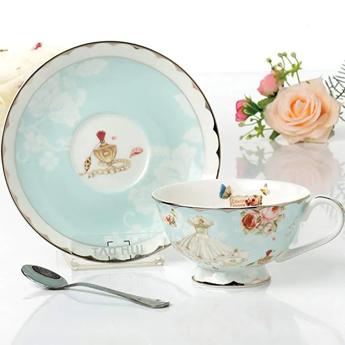 Conjuntos de xícara de chá, pires e colher, xícaras de chá vintage royal bone china, flor rosa, caixa azul, 7-oz245p