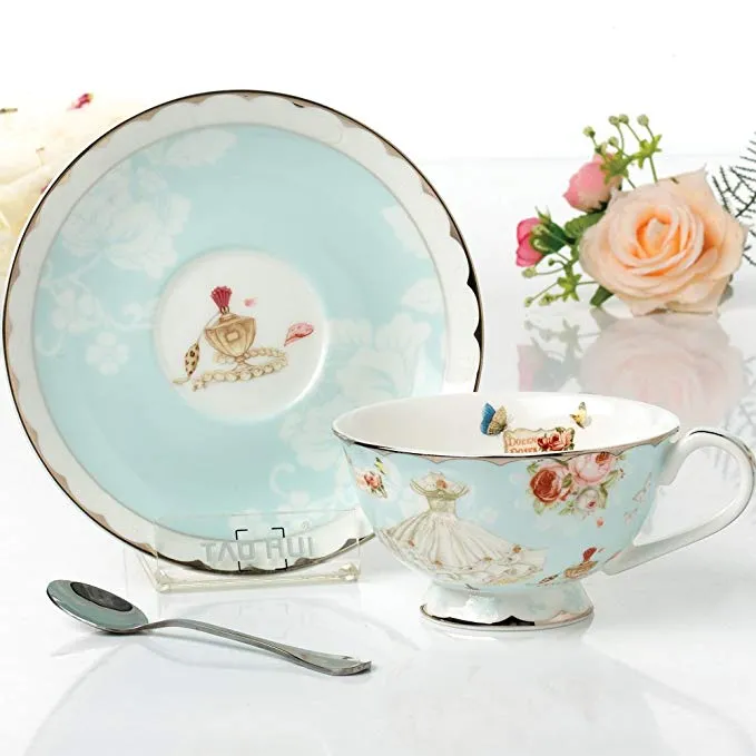 Set di tazze da tè con piattino e cucchiaio Tazze da tè vintage Royal Bone China Set di fiori di rosa blu in scatola 7-Oz245P