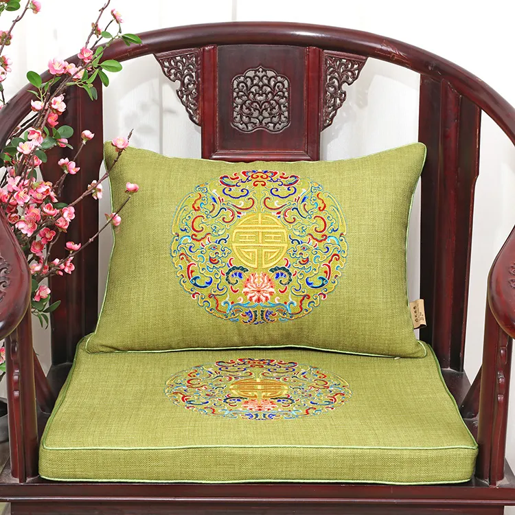 Luxury Ethnic Fine Embroidery Happy Sofa Chair Seat Cushion Cotton Linen Chinese style Lumbar Pillow High End Thick Decorative Cus275C