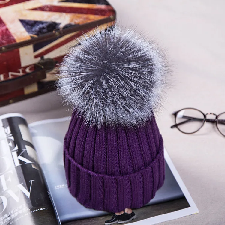 15cm Real Fur Ball Cap Pom Poms Winter Hat For Women Girl 's Wool Knitted Cotton Beanies Brand Thick Female265p