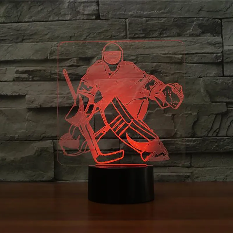 3D Ice Hockey Goalie Modelo Lâmpada de mesa 7 Cores Mudança LED Nightlight USB Bedroom Sleep Sports Sports Gifts Decoração de casa243V