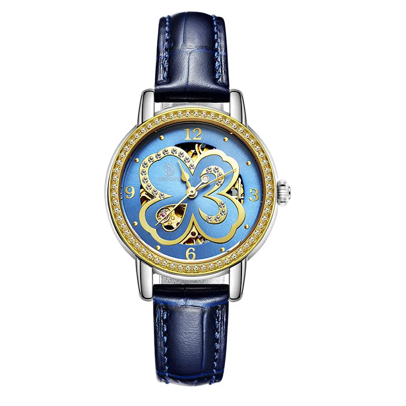 SENORS wengle Nieuwe Clover Automatische Ms Mechanische horloges hoge kwaliteit Echt Leer Commerce Via onderkant Vrouwen Watches182j