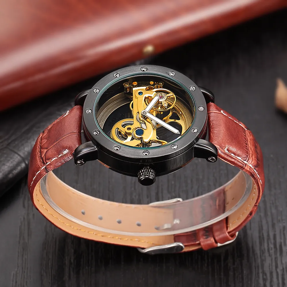 Relogio Masculino Shenhua Automatyczna mechaniczna turbillon zegarki Mężczyzn Mężczyzny Luksusowy skórzany zespół Transparent Stuleton Watch D18227G