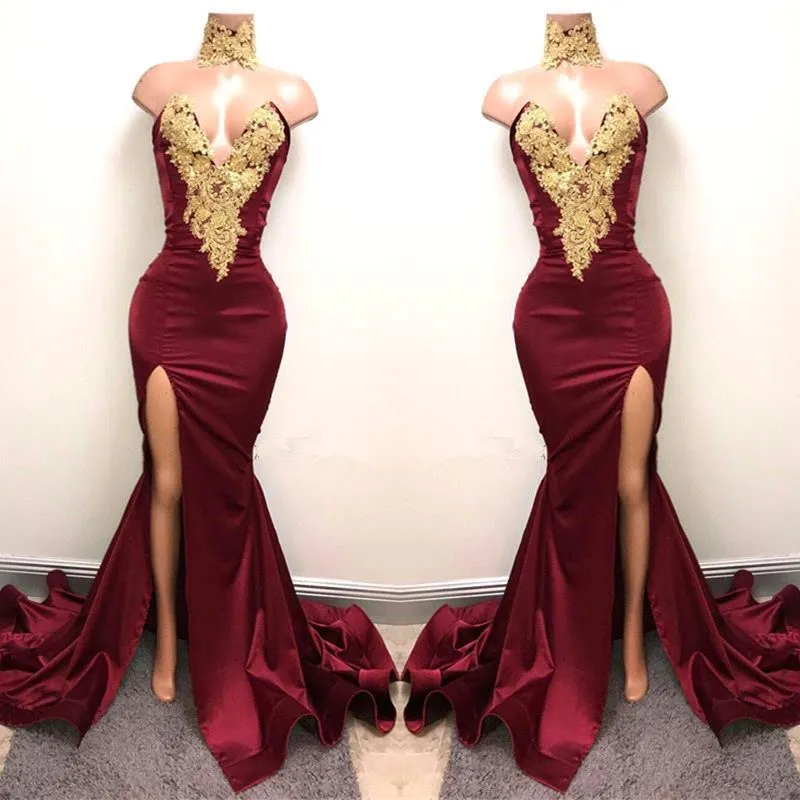 Sexy Burgundy New Design 2K18 2018 Mermaid Prom Dresses Gold Lace Appliqued Mermaid High Front Split Long Party Evening Wear Gowns Cheap