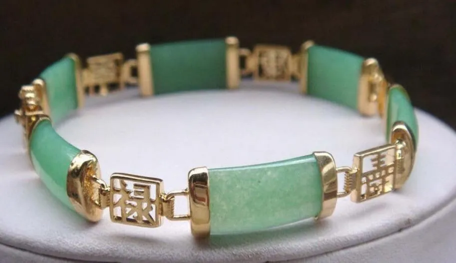 Joli bracelet à maillons porte-bonheur plaqué or avec pierres précieuses de Jade vert naturel, 2184