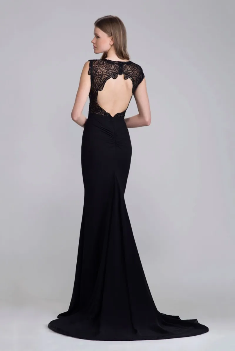 Sexy Hollow Back Mermaid Prom Dresses Halter Neckline Chest Exposed Black Formal Dress Evening Chiffon Beaded Guest Gowns
