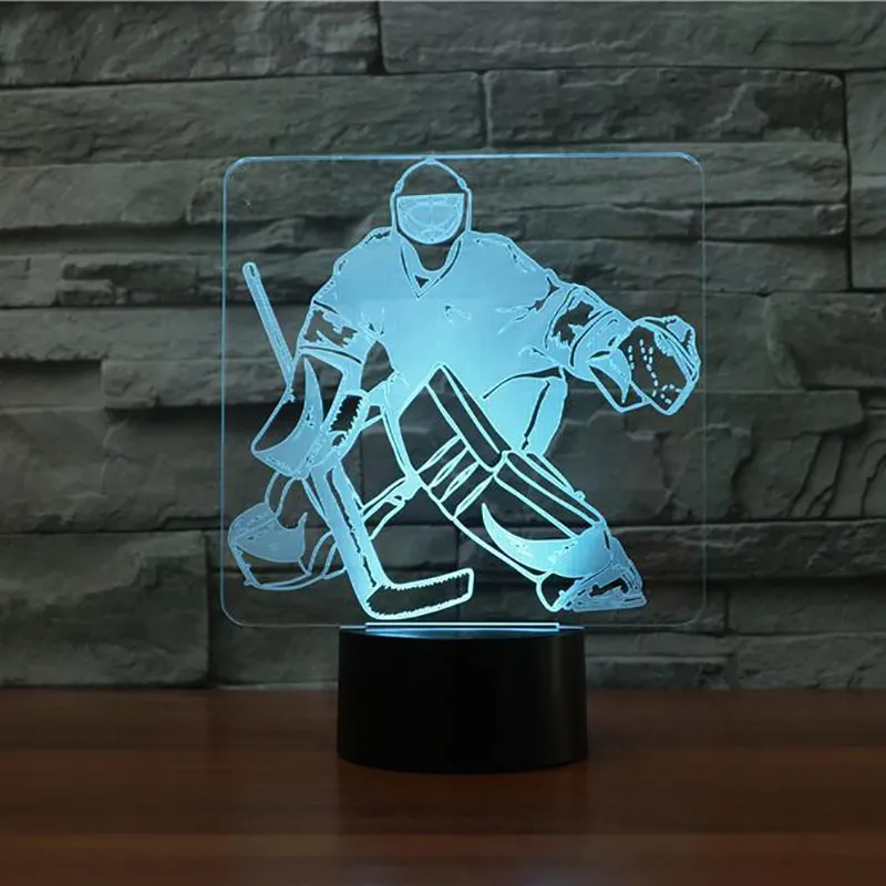 3D Ice Hockey Goalie Modelo Lâmpada de mesa 7 Cores Mudança LED Nightlight USB Bedroom Sleep Sports Sports Gifts Decoração de casa243V