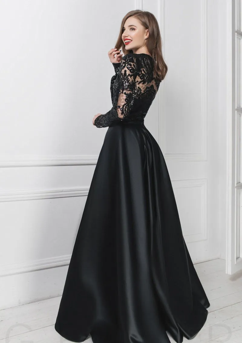 Горячая распродажа черные кружевные выпускные платья с длинными рукавами v Nece Seciending Вечерние платья vestidos de fiesta длина пола.
