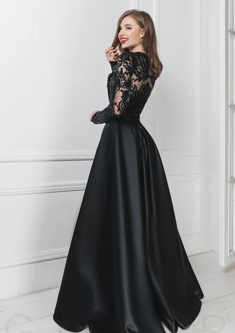 Vente chaude Robes de bal en dentelle noire avec manches longues V Robes de soirée à paillettes de cou Vestidos de Fiesta Longueur Satin Robe formelle 415