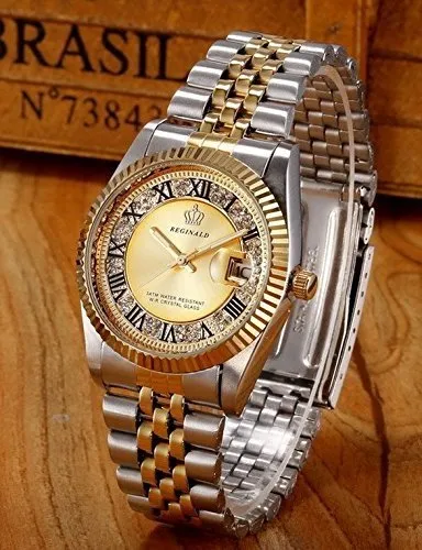 REGINALD montre à Quartz hommes Datejust 18k or jaune lunette cannelée perle diamant cadran entièrement en acier inoxydable lumineux Clock228t