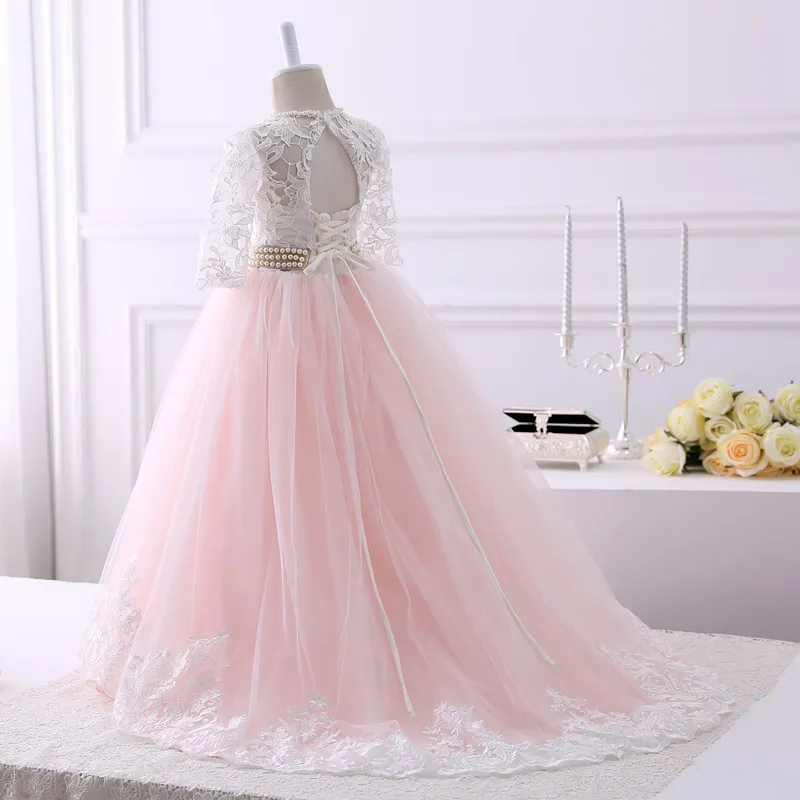 2021 Blush Pink With Ivory Lace A line Flower Girls Dress Cheap Long Pearls Ribbon Keyhole Back Lace up Tulle First Communion Dress
